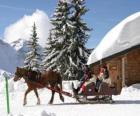 Семья в санях, запряженных лошадью на Рождество